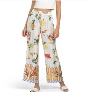 NWT Bailey 44 Women's Off-white Tropical Print Satin Pull on Wide Leg Pants